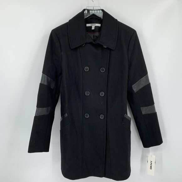 DKNY Donna Karan double breasted wool coat jacket faux leather trim new 14 - Picture 1 of 4